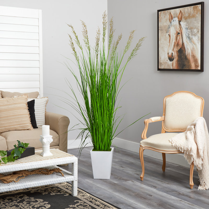 Faux Wheat Grass in Metal Planter, Green, 75" H x 22" W x 22" D
