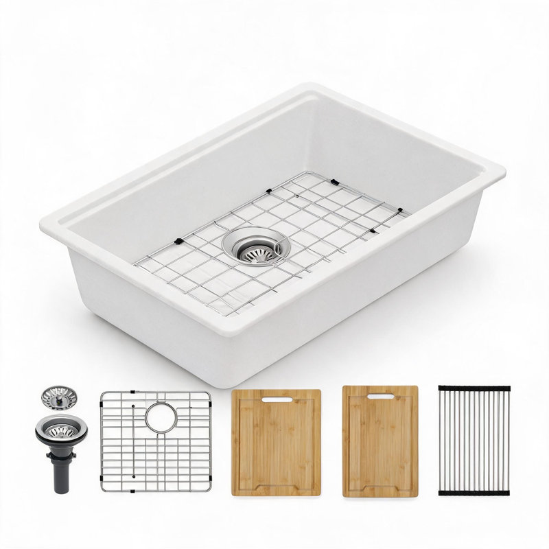 Évier de cuisine encastré de 84 cm (33 po) en composite de quartz blanc avec bonde arrière