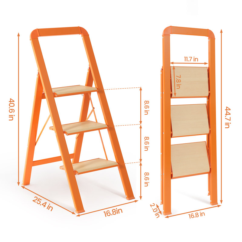 Escabeau en aluminium à 3 marches, Orange / bois