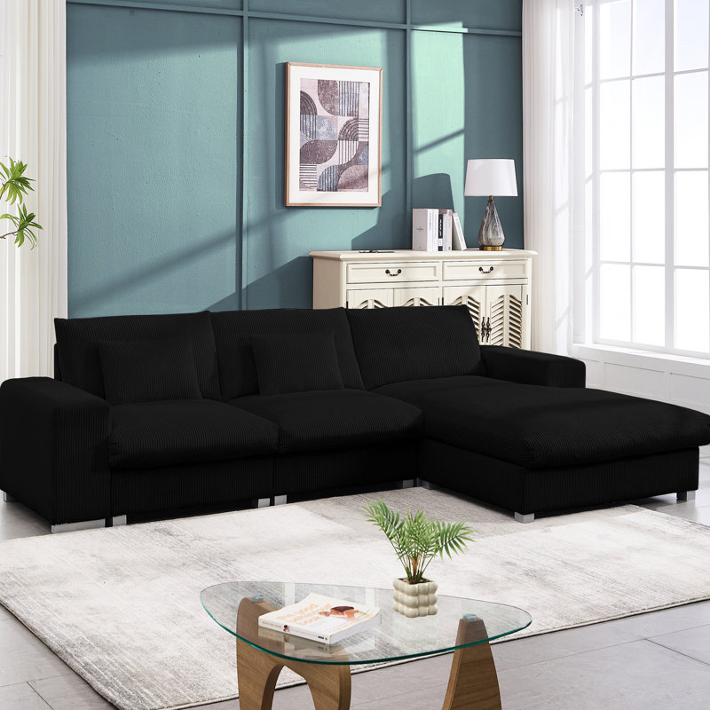Style minimaliste en forme de L, 3 sièges, flanelle, structure en bois, rembourrage en mousse souple, sans dossier, accoudoirs carrés, idéal pour les réunions entre amis, réunions de famille en bois massif