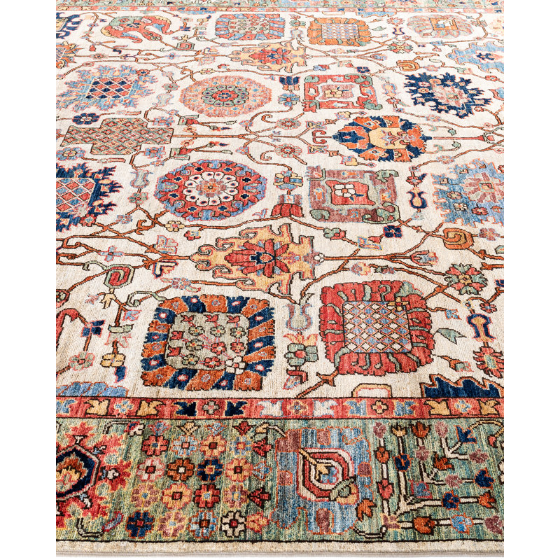 Hand-Knotted Geometric Wool Area Rug in Beige and Red