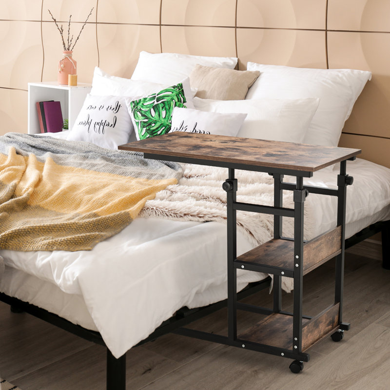 Rolling Side Table With 3 Storage And Adjustable Height, , Brown Mobile Storage, Wheels,