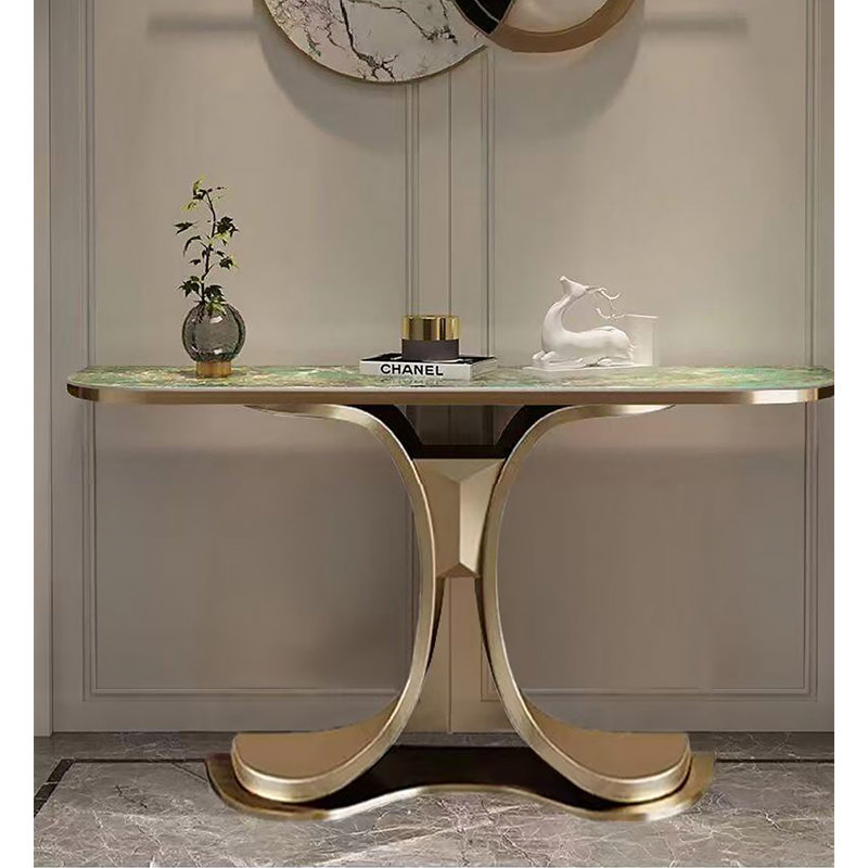 Console luxueuse luxueuse avec plateau en marbre et base en métal doré incurvé Glam, 31.5" H x 47.2" W x 11.8" D
