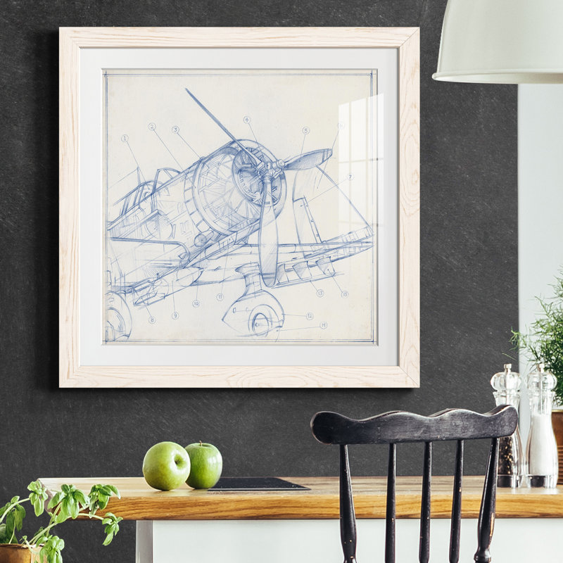 Croquis mécanique d'avion I-Premium, reproduction encadrée - prêt à être accroché, H 22,5 po x l 22,5 po x P 1,5 po, Blanc