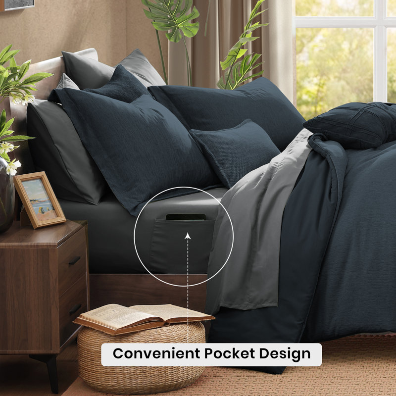 Cationic Comforter Set 7PC, Navy Blue, Full Comforter + 6 Additional Pieces