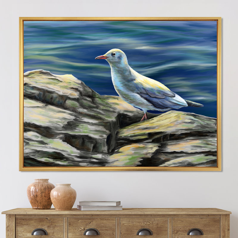 Oiseaux mouettes au bord de la mer - Peinture sur toile, H 16 po x l 32 po x p 1 po, Encadrement doré