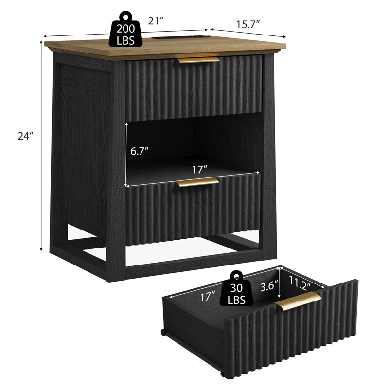 2 Drawer End Tables Set With Storage And Built-In Outlets For Livign Room,Bedroom,Led End Side Tables, Black