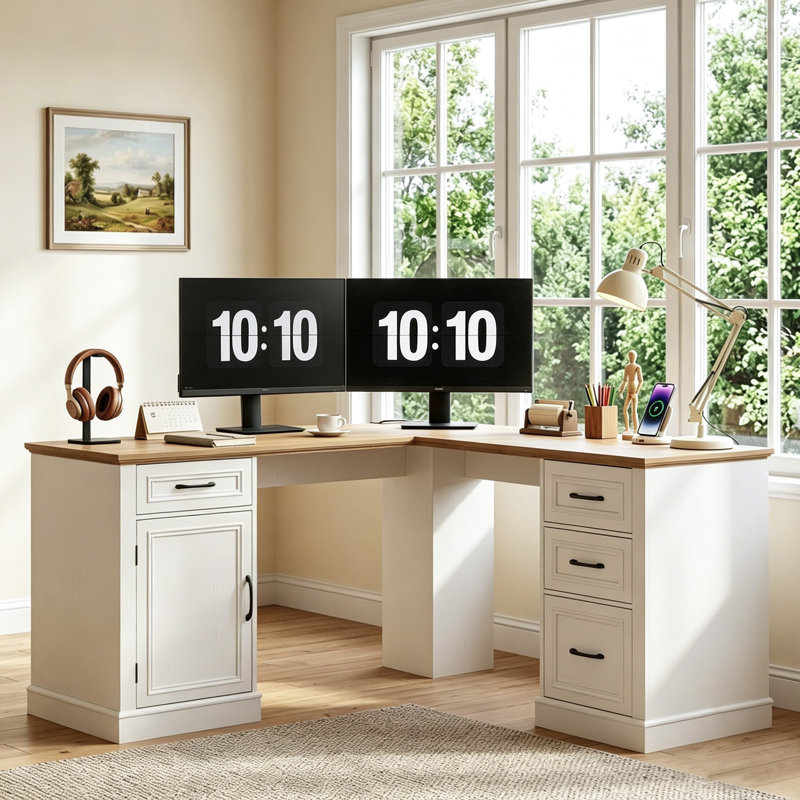 Farmhouse 59" L-Shaped Executive Desk With Drawers, Brown/Beige