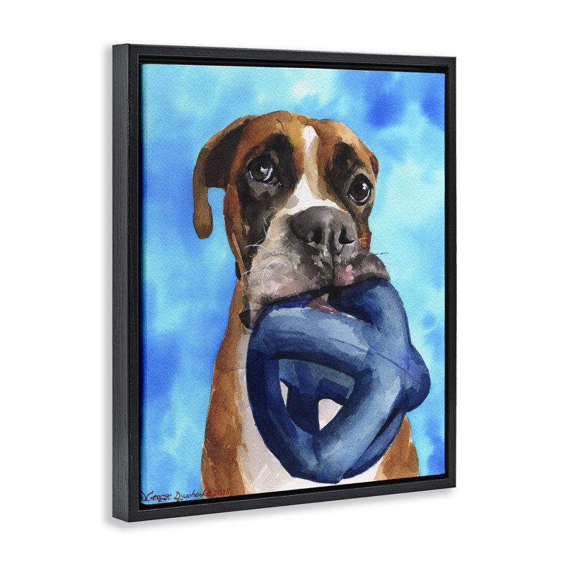 Boxer et son cadre flottant, design par George Dyachenko, H 31 po x l 25 po, Cadre flottant noir de jais