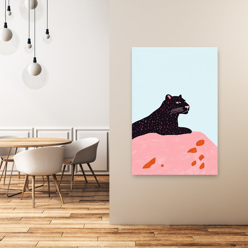 Black Panther On Pink Rock Minimalist Modern Abstract Cat Animal Nature Wall Art Print by Mathieu - Wrapped Canvas Print