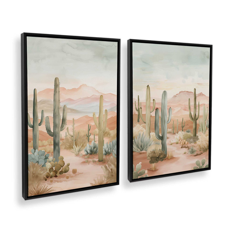 Ensemble de 2 impressions sur toile Cactus Waltz, Cadre flottant noir satiné, H 36,75 po x l 49,5 po x P 1,75 po