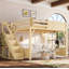 Grand lit mezzanine avec garde-robe et espace de rangement intégrés, lit mezzanine en bois massif avec tablettes à côté, garde-corps pleine longueur et escalier, aucun sommier nécessaire, naturel-129757023