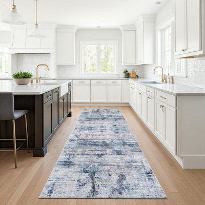 Bungalow Rose Blue/White Abstract Machine Washable Area Rug – Non-Slip, Stain Resistant, GRS Certified, for Bedroom, Living & Dining