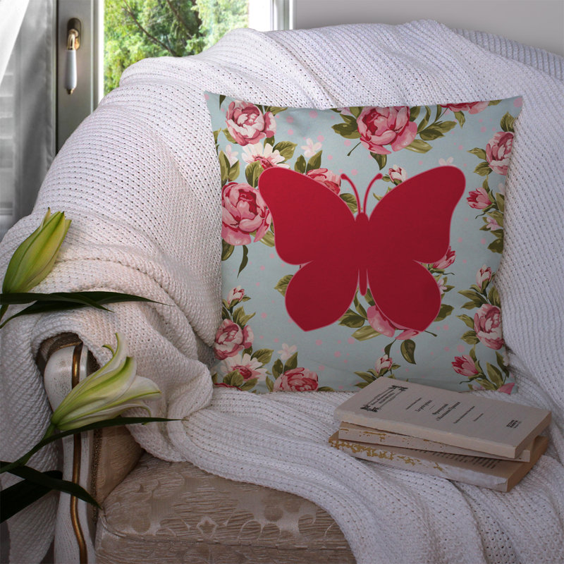Coussin décoratif d’intérieur/d’extérieur carré bleu/rose papillon shabby, H 14 po x l 14 po x P 4 po