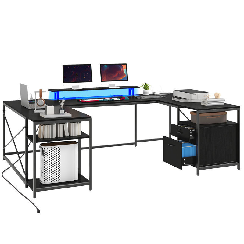  78.7'' U Shaped Reversible Desk With Power Outlets, LED Lights & Monitor Stand, Black/Gray