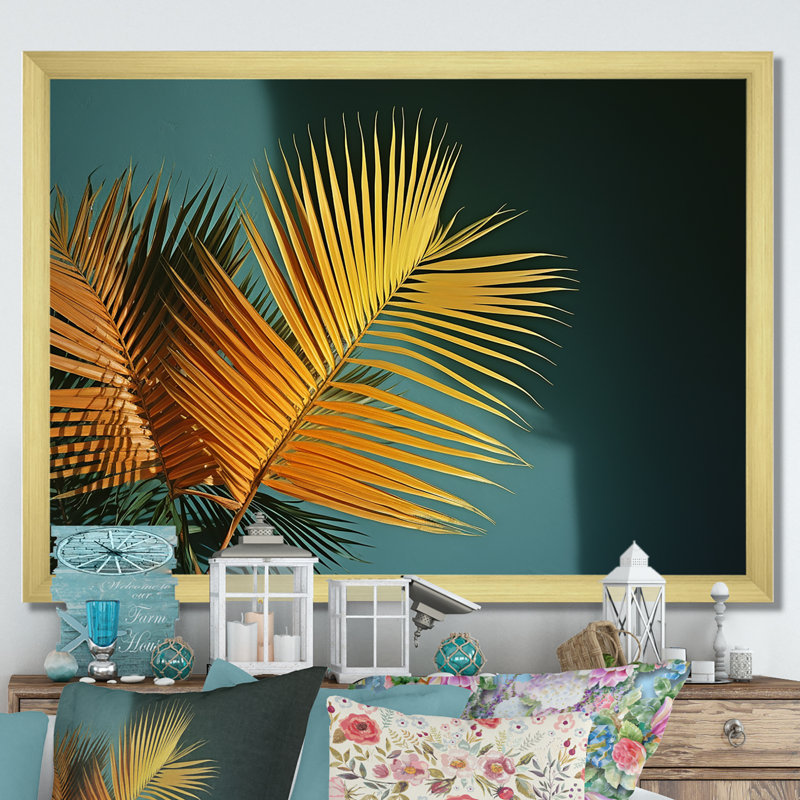 «Yellow Palm Trees Bouquet Still Life» sur toile, Cadre flottant noir, H 16 po x l 32 po x P 1 po