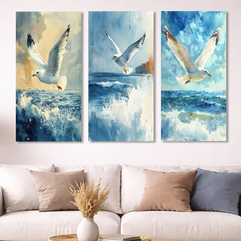 Watcher Seagull Above the Shore I - White Birds, ensemble de 3 décorations murales en métal, H 32 po x l 48 po