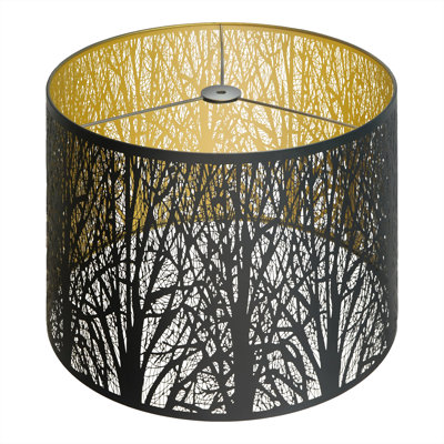 Grand abat-jour, abat-jour tambour 14 po en haut x 16 po en bas x 11 po de haut | Grand abat-jour pour lampes de table et sur pied, abat-jour de remplacement en bois gravé à finition or noir, monture d'araignée