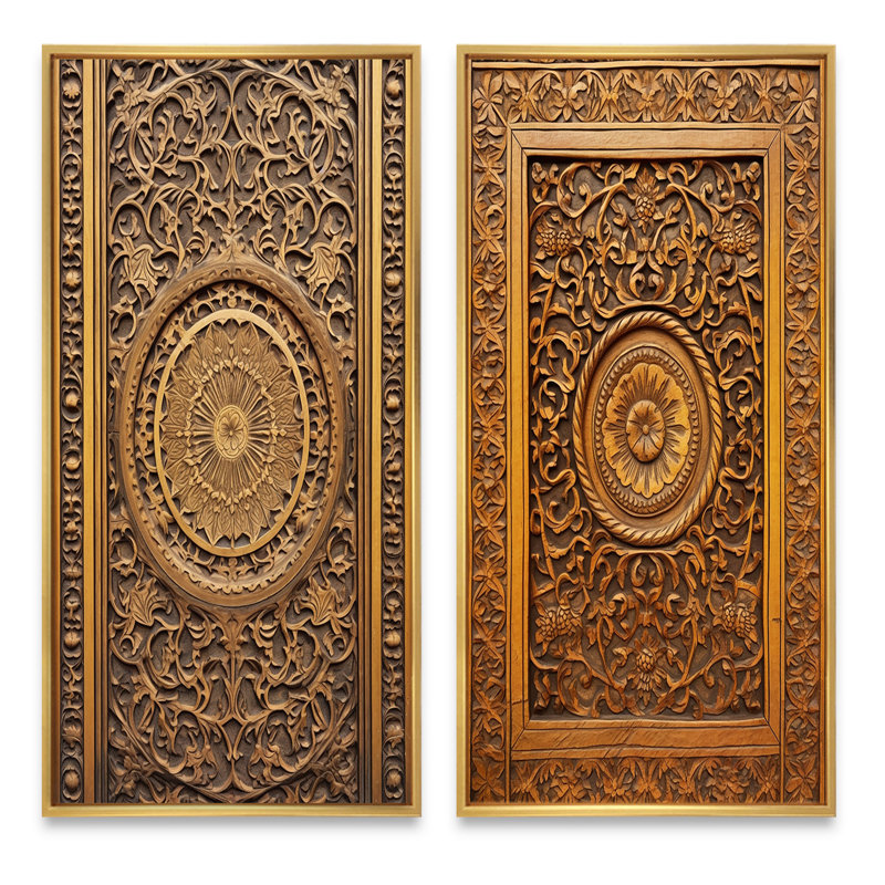 2 pièces sur toile - Ancienne porte en bois sculpté, Encadrement doré, H 20 po x l 24 po