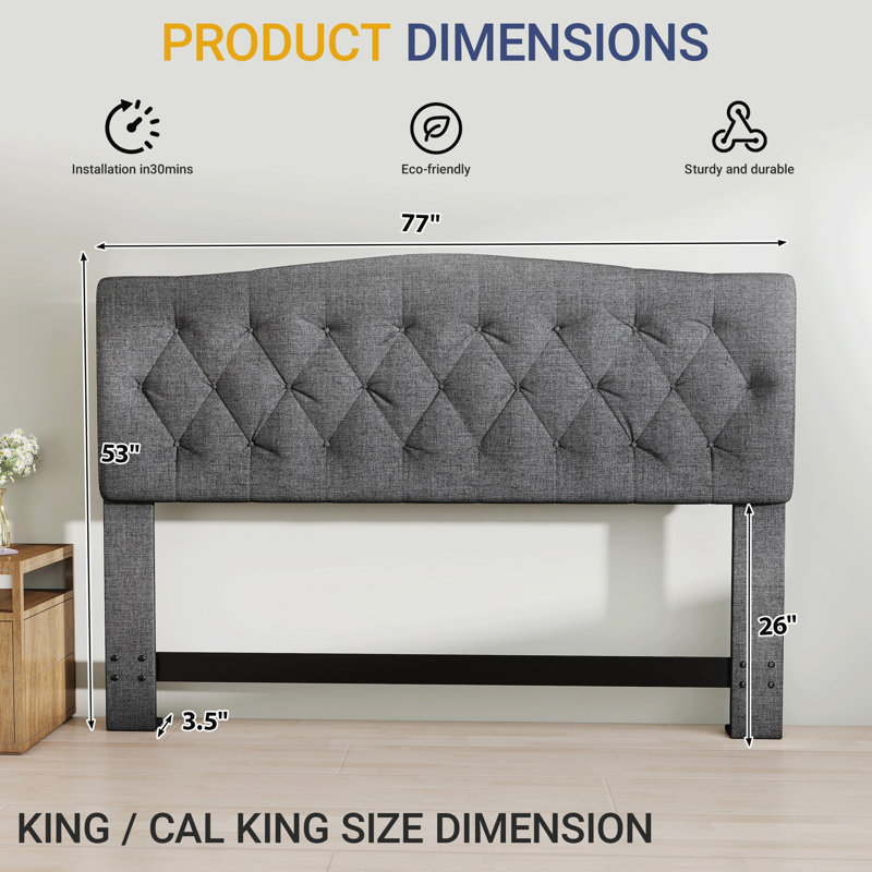 King Camelback Diamond Tufted Upholstered Panel Headboard, Linen-Look Fabric with Solid Wood Frame, King, Mossy Gray