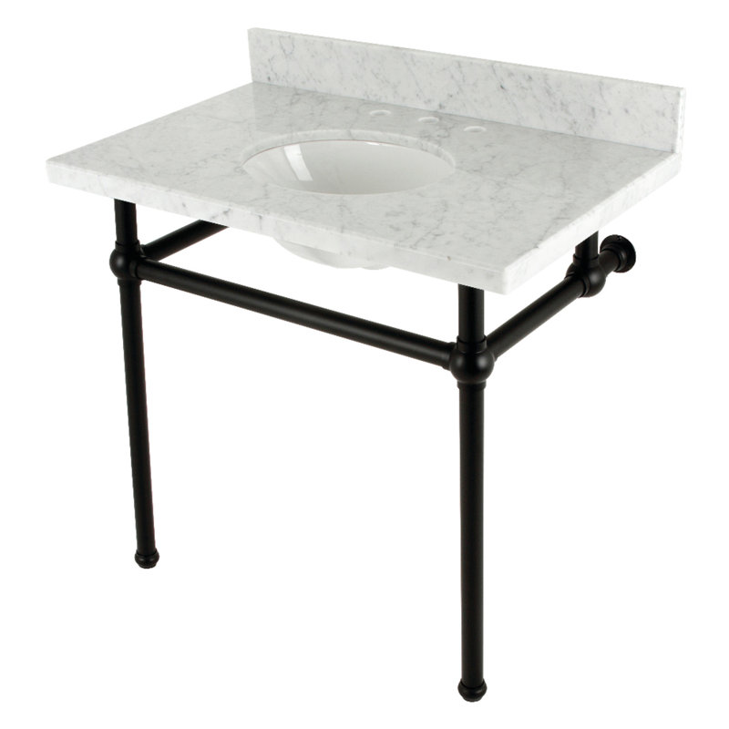 Kingston Brass Templeton 36-Inch Carrara Marble Console Sink with Brass Legs (8-Inch, 3-Hole), Matte Black