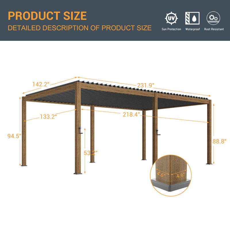 20 Ft. W x 12 Ft. D Aluminum Pergola with Canopy Outdoor Louvered Pergola for Patio, Backyard, Pool party, Wood Grain