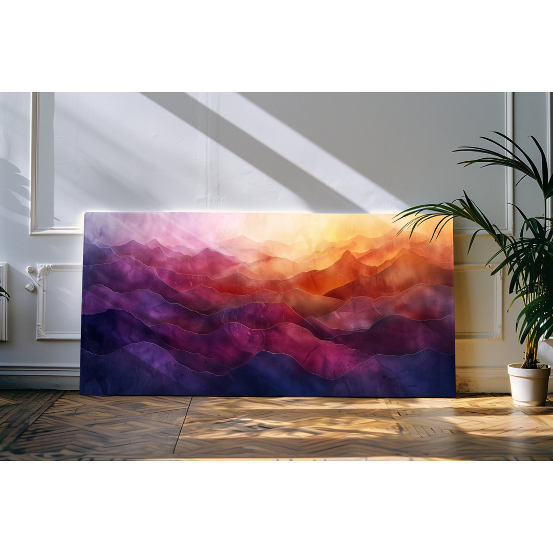 Gerahmtes Bild auf Leinwand 120x60cm Abstrakte Berge Bergkette Rot Sonnenuntergang