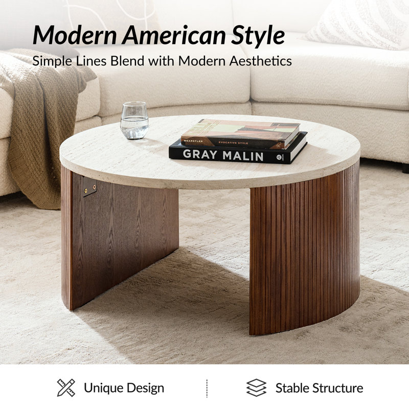 Jadida Celia Modern 36"W Fluted Round Coffee Table with Travertine Top, Walnut