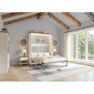 Farmhouse Queen Size Murphy Bed With Led Lights & Charging Station, Hidden Foldable Wall Cabinet Bed, White