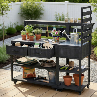 62.3" Outdoor Kitchen Island Cart With Stainless Steel Top, Solid Wood Patio Prep Table With Drawers, Raised Shelf, Lockable Wheels & Modular Design