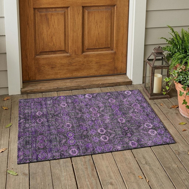 Tapis extérieur lavable et antidérapant à motif floral mauve et vert 2 pi x 3 pi