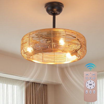Ventilateur de plafond rustique en rotin 20 po avec lumière DEL, télécommande et moteur réversible pour chambre à coucher, salon ou salle à manger