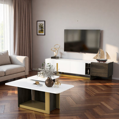 Set Of 2 Light Luxury Tv Stand And Coffee Table With Spacious Top, Storage Cabinet, Open Adjustable Shelves by Mercer41