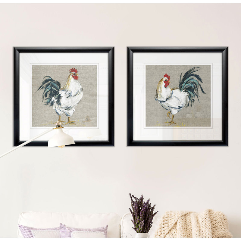 Linen Rooster I - ensemble de 2 reproductions de cadres photo, Cadre noir