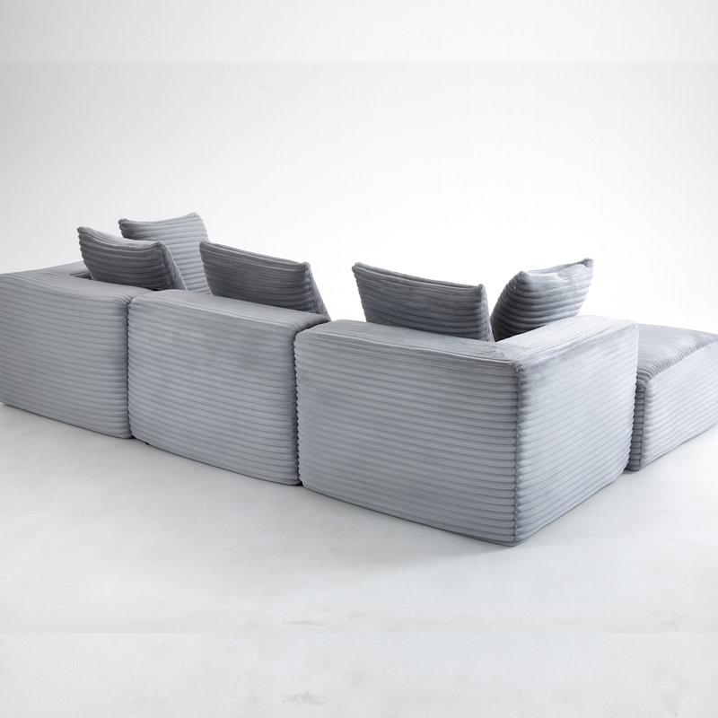 Ensemble de 4 sièges gris en tissu velours côtelé, siège souple, sans assemblage, configuration modulaire pour les espaces de vie confortables, sièges, structure, pièces principales configurables