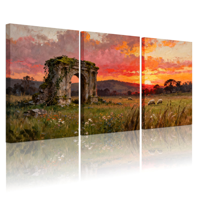 Scénario et paysages urbains coucher de soleil ruines champ moutons paysage ensemble de 3 impressions sur toile