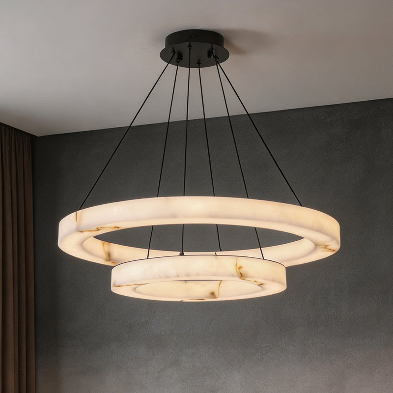 Luminaire suspendu moderne à 2 anneaux en faux albâtre avec halo chaud et à intensité variable
