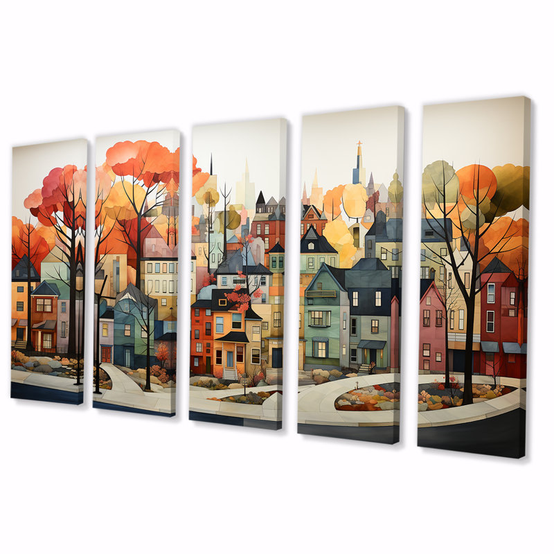 «Autumn Vintage Orange Village - New York», ensemble de 5 pièces d'art mural, H 28 po x l 60 po
