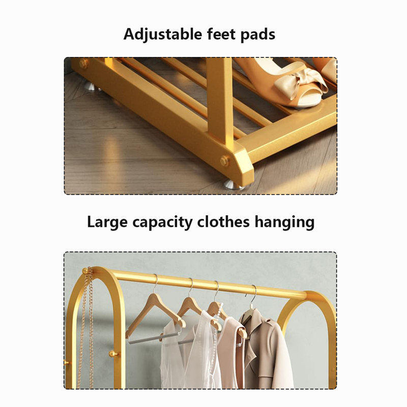 Portant simple pour vêtements avec étagères de rangement, Gold