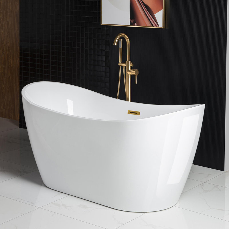 Vital 59" x 28.75" Freestanding Soaking Acrylic Double Slipper Bathtub, Non-Slip Bottom Design, Brushed Gold, White
