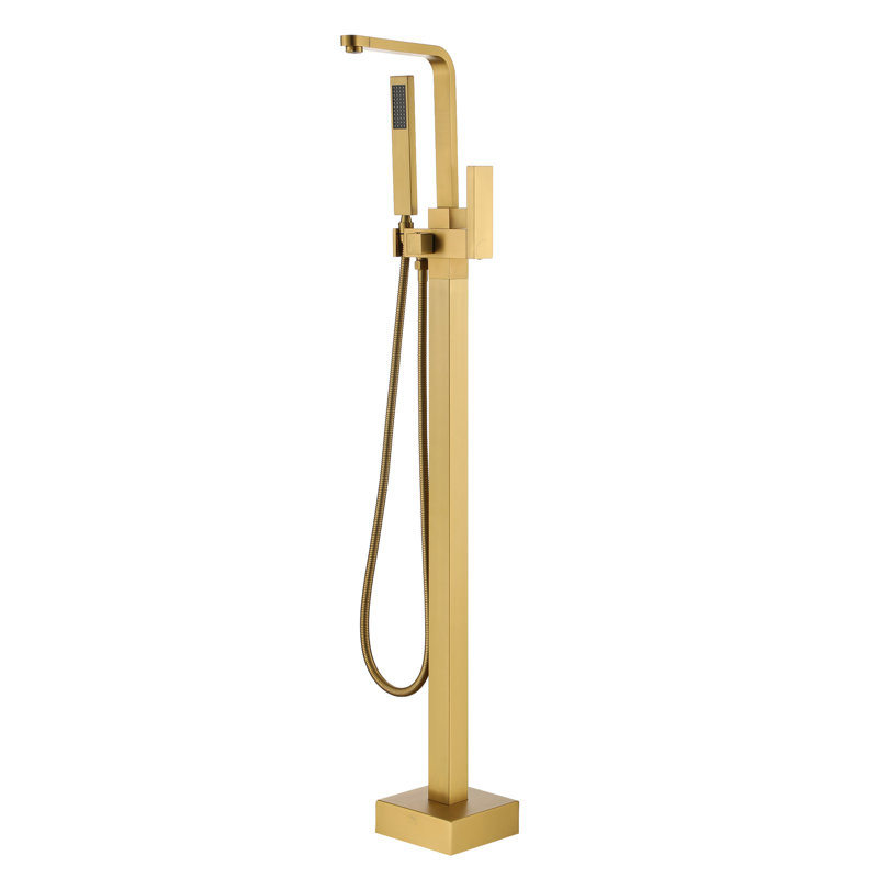 Robinet de baignoire autoportant monocommande à fixation au sol avec douche à main, Laiton brossé