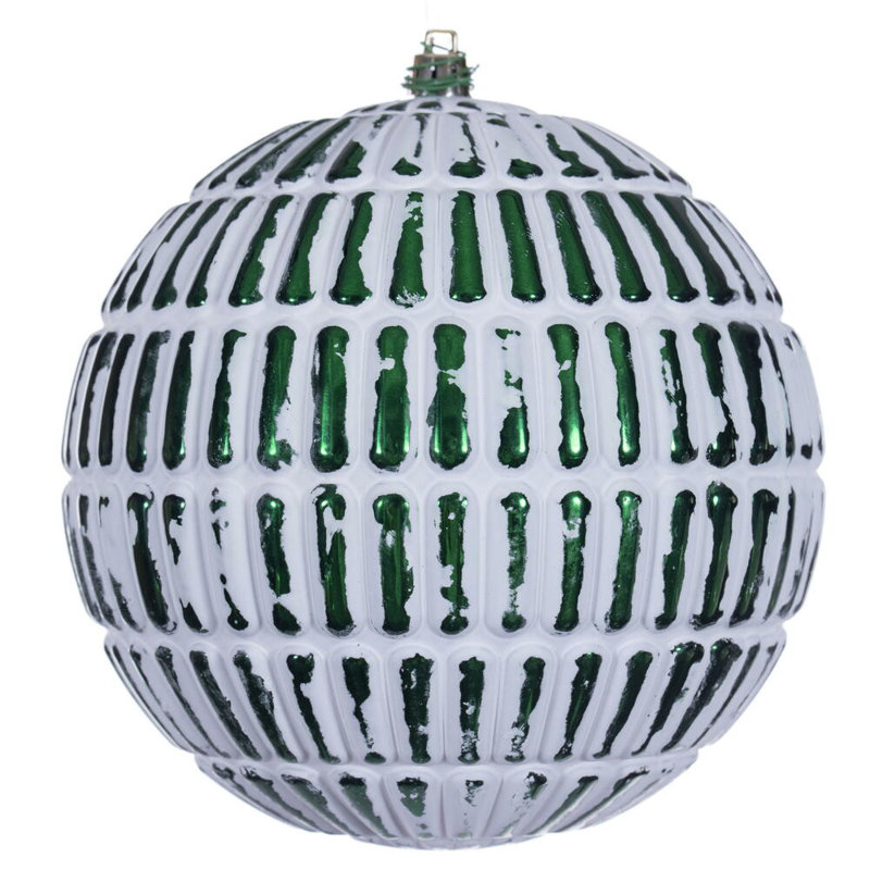 Vickerman Emerald Green Etch Lines White Brush Ornament Set. Includes 4 pieces per bag., 6" H x 6" W x 6" D, Emerald Green
