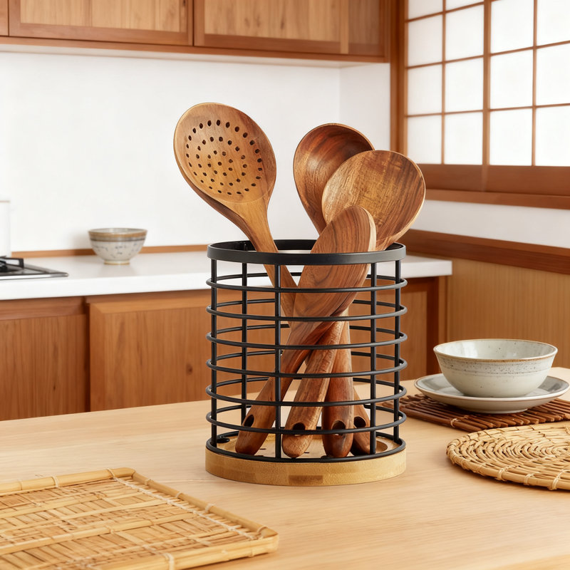 Grand organisateur de porte-ustensiles de cuisine avec maille en métal antirouille et base en bois, conception ouverte pour un accès facile et un séchage rapide, rangement sur le comptoir pour les cuillères à spatules, les fouets et plus encore