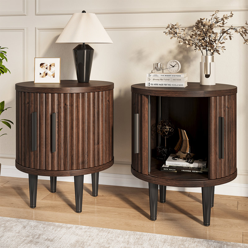 15" Nightstand, Round Bedside Table, End Table With Sliding Door & Storage Shelf For Bedroom & Living Room, Brown
