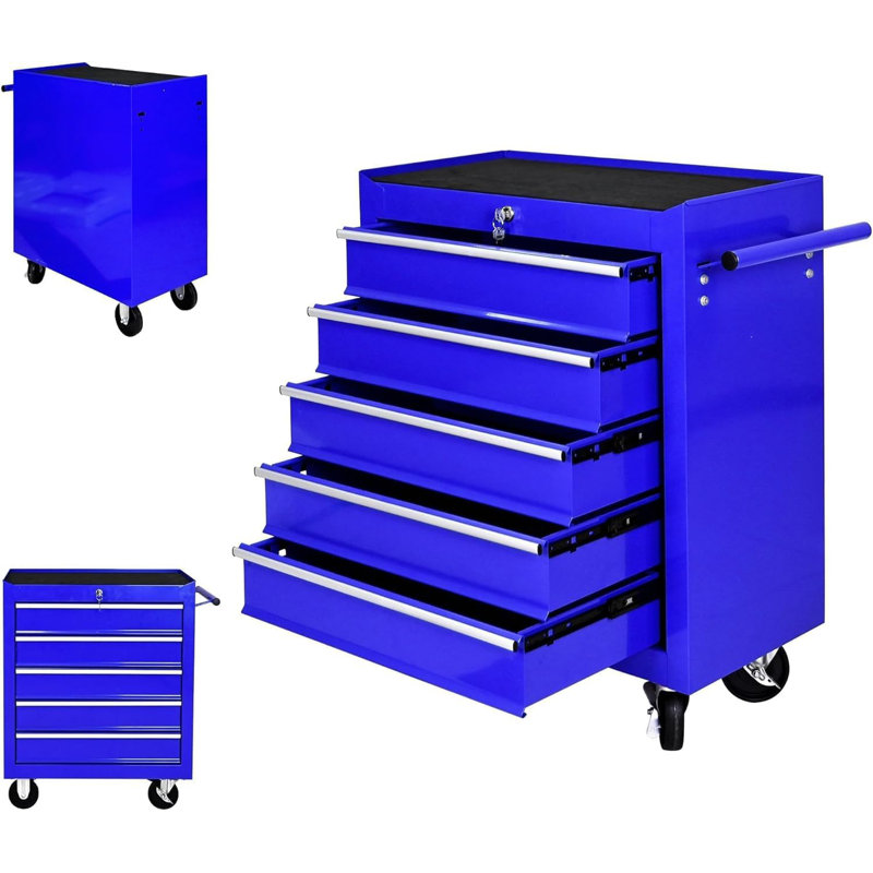 Coffre à outils avec roues, boîte à outils roulante verrouillable en métal avec plateaux de rangement pour outils, Bleu