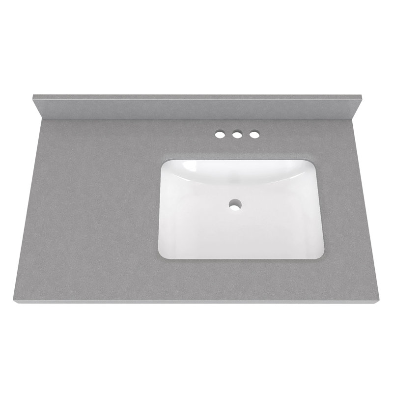 Comptoir de meuble-lavabo simple 36 po avec lavabo, comptoir de salle de bain en pierre d'ingénierie grise, conception de lavabo décalé à droite, trous de robinet de 4 po, comptoir de remplacement
