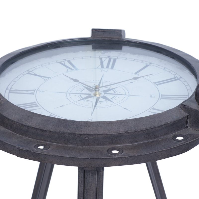 Wyble Metal Compass Side End Accent Table with Clock and Clear Glass Top, Black, 24" H x 19" W x 19" W