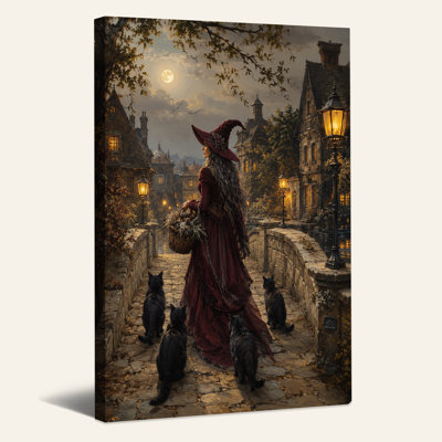 «Witch with Black Cats on Moonlit Village Bridge», art mural sur toile