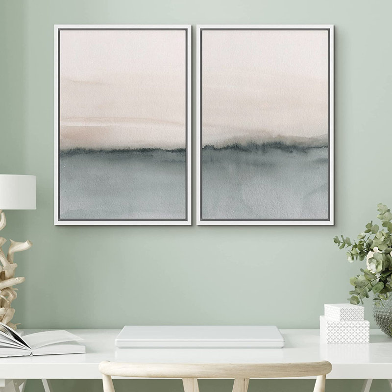 Duotone Pastel Abstract Landscape Pictures Minimalist Home Decor - Framed Canvas Print Wall Art Work, 36" H x 48" W, White