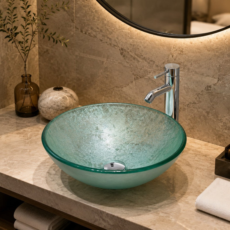 Lavabo turquoise hémisphérique en verre trempé, motif de glace craquelée, robinetterie non incluse.